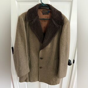 VTG USA Sir Pendleton 100% Virgin Wool Faux Fur Collar Trench Over Coat Mens 46
